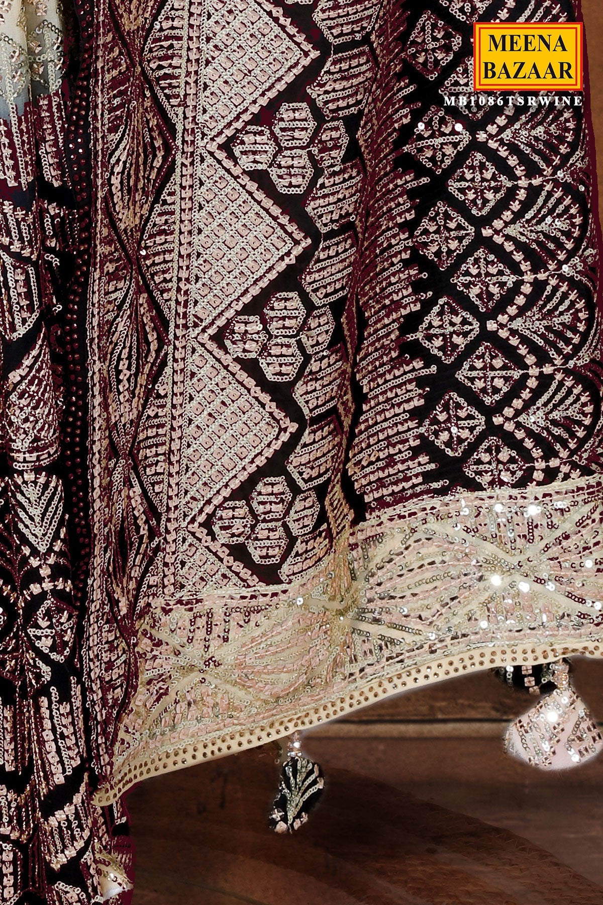 Wine Georgette Sequin Embroidered Saree