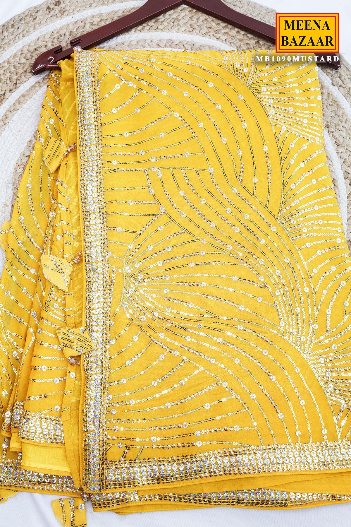 Yellow Georgette Sequins Embroidered Saree with Tassels Embellishments