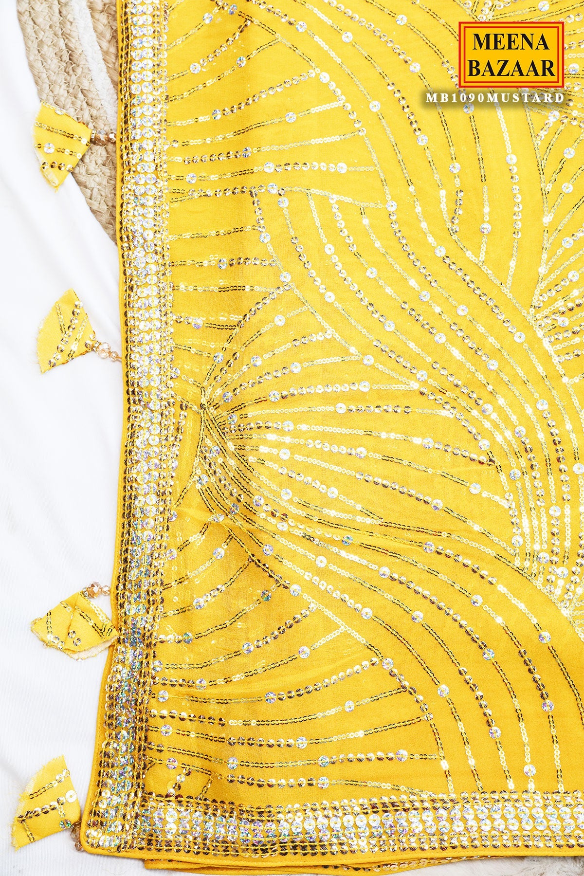 Yellow Georgette Sequins Embroidered Saree with Tassels Embellishments