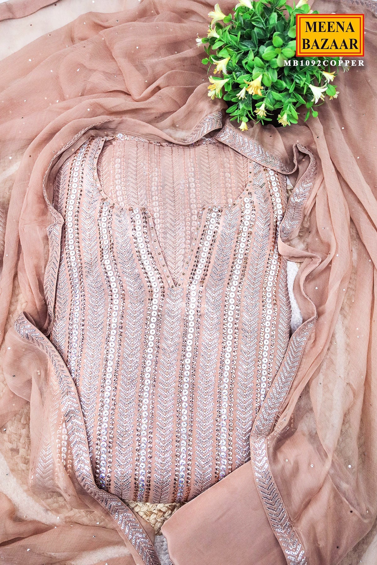 Copper Brown Georgette Sequin Embroidered 3Pc Unstitched Suit Set