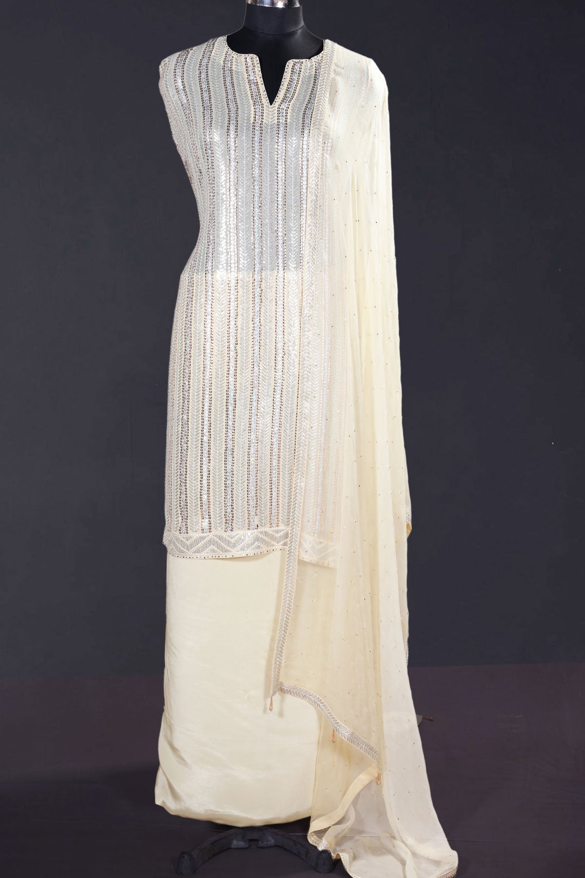 Cream Georgette Sequin Embroidered 3Pc Unstitched Suit