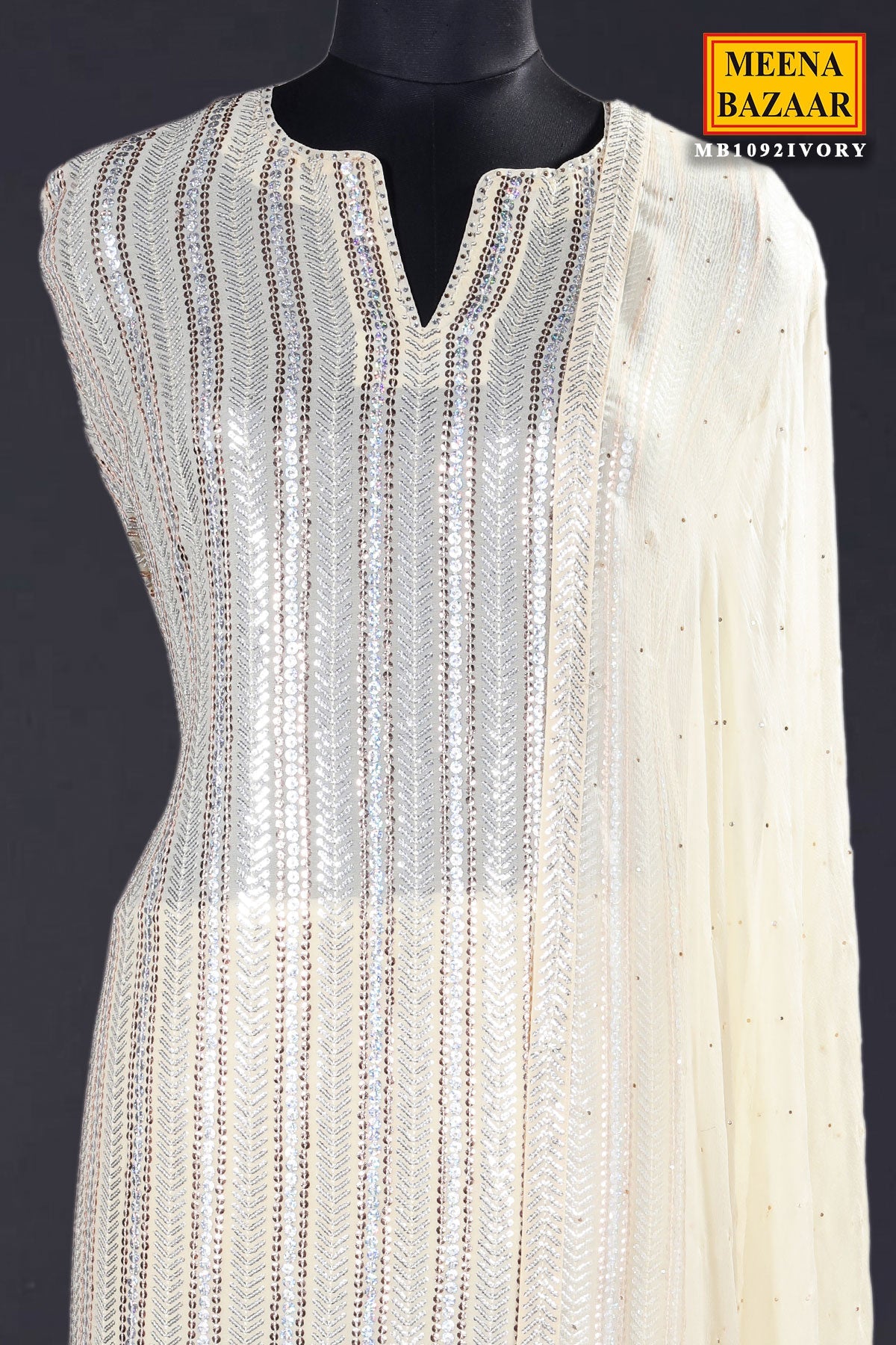 Cream Georgette Sequin Embroidered 3Pc Unstitched Suit