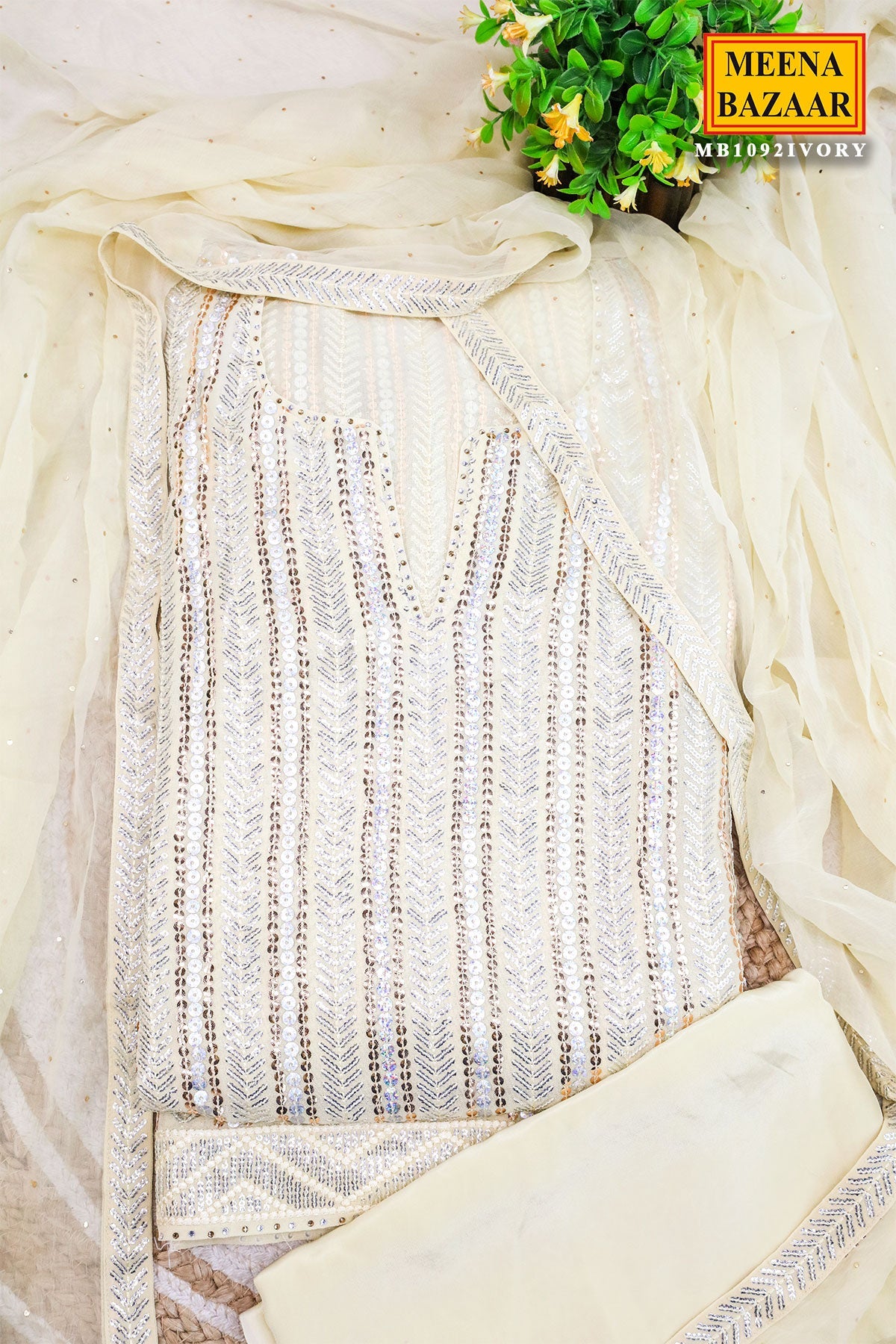 Cream Georgette Sequin Embroidered 3Pc Unstitched Suit