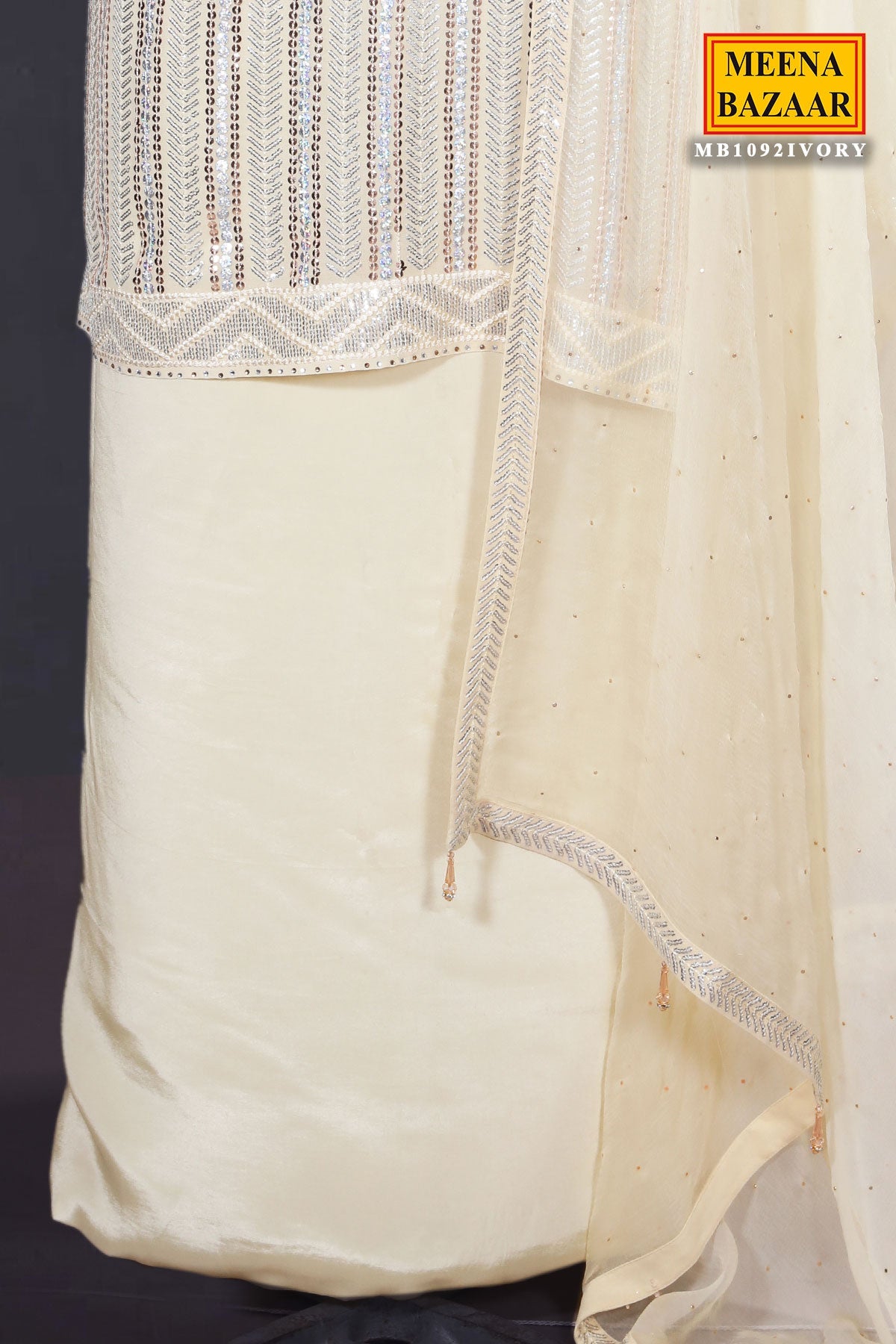 Cream Georgette Sequin Embroidered 3Pc Unstitched Suit
