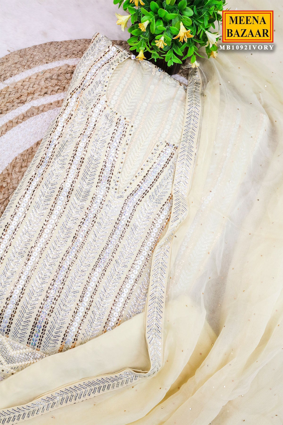 Cream Georgette Sequin Embroidered 3Pc Unstitched Suit