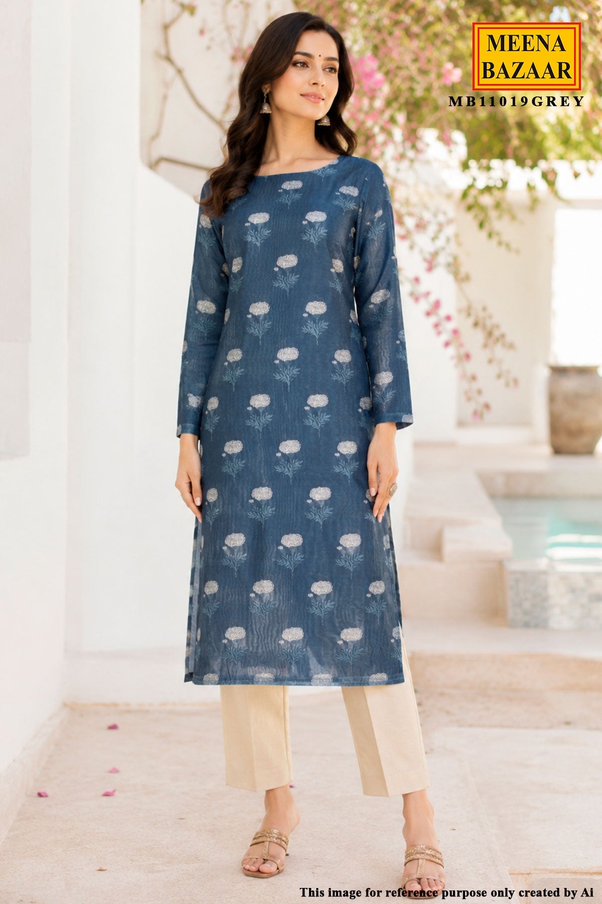 Navy with Grey Dupatta Chanderi Printed Unstitched Suit Set