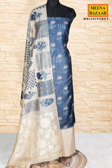Navy with Grey Dupatta Chanderi Printed Unstitched Suit Set
