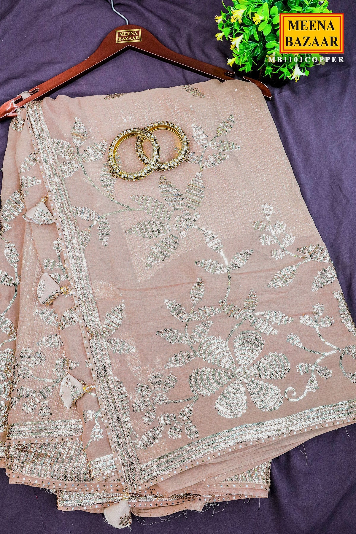 Gold Floral Sequin Embroidered Georgette Saree