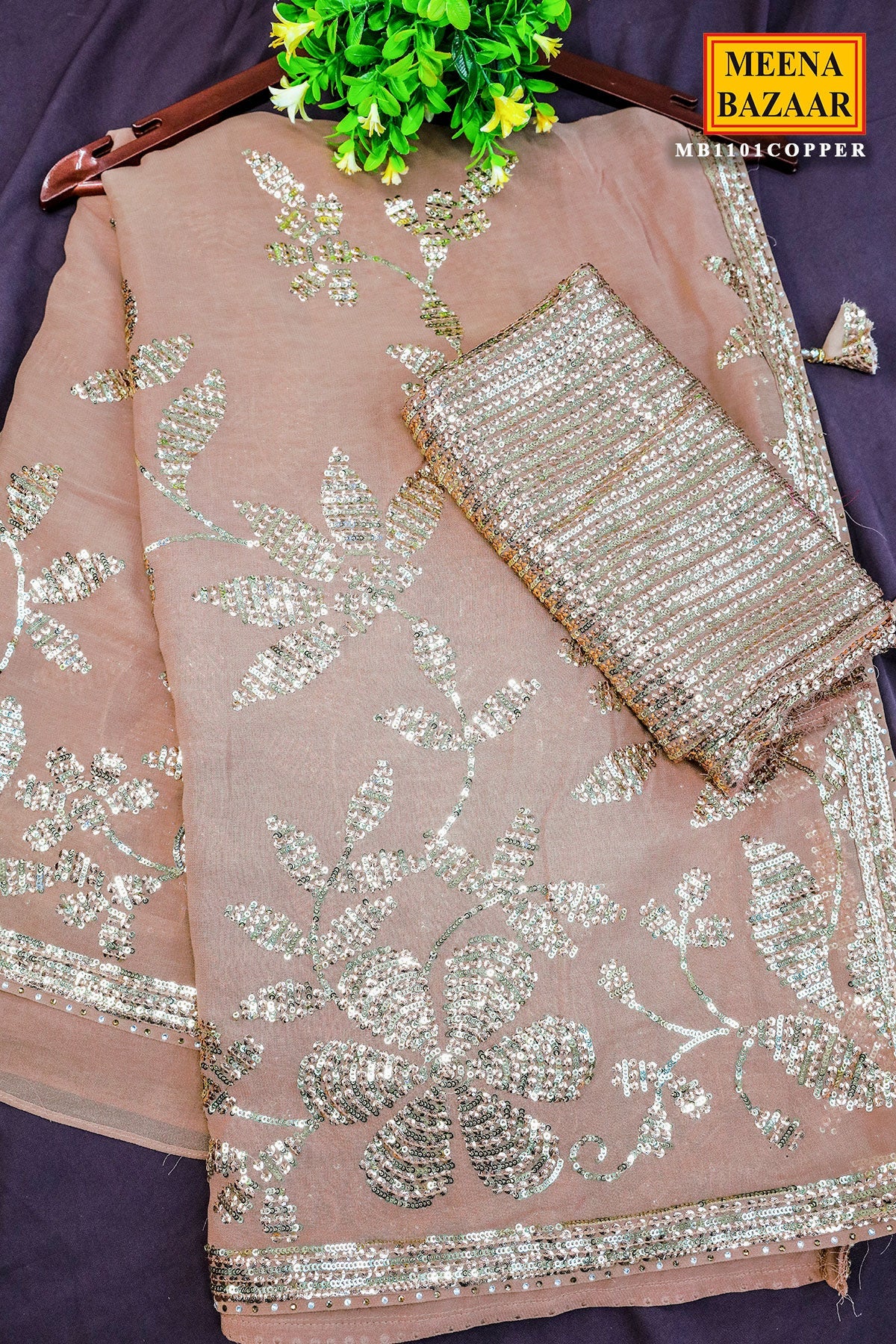 Gold Floral Sequin Embroidered Georgette Saree