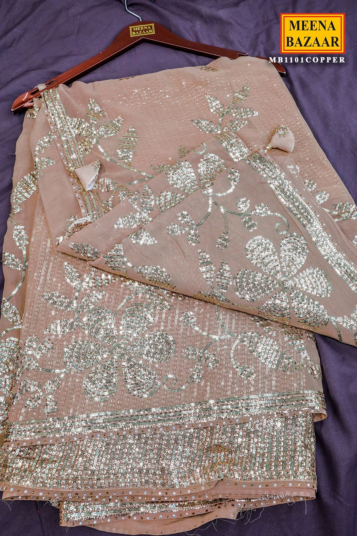 Gold Floral Sequin Embroidered Georgette Saree