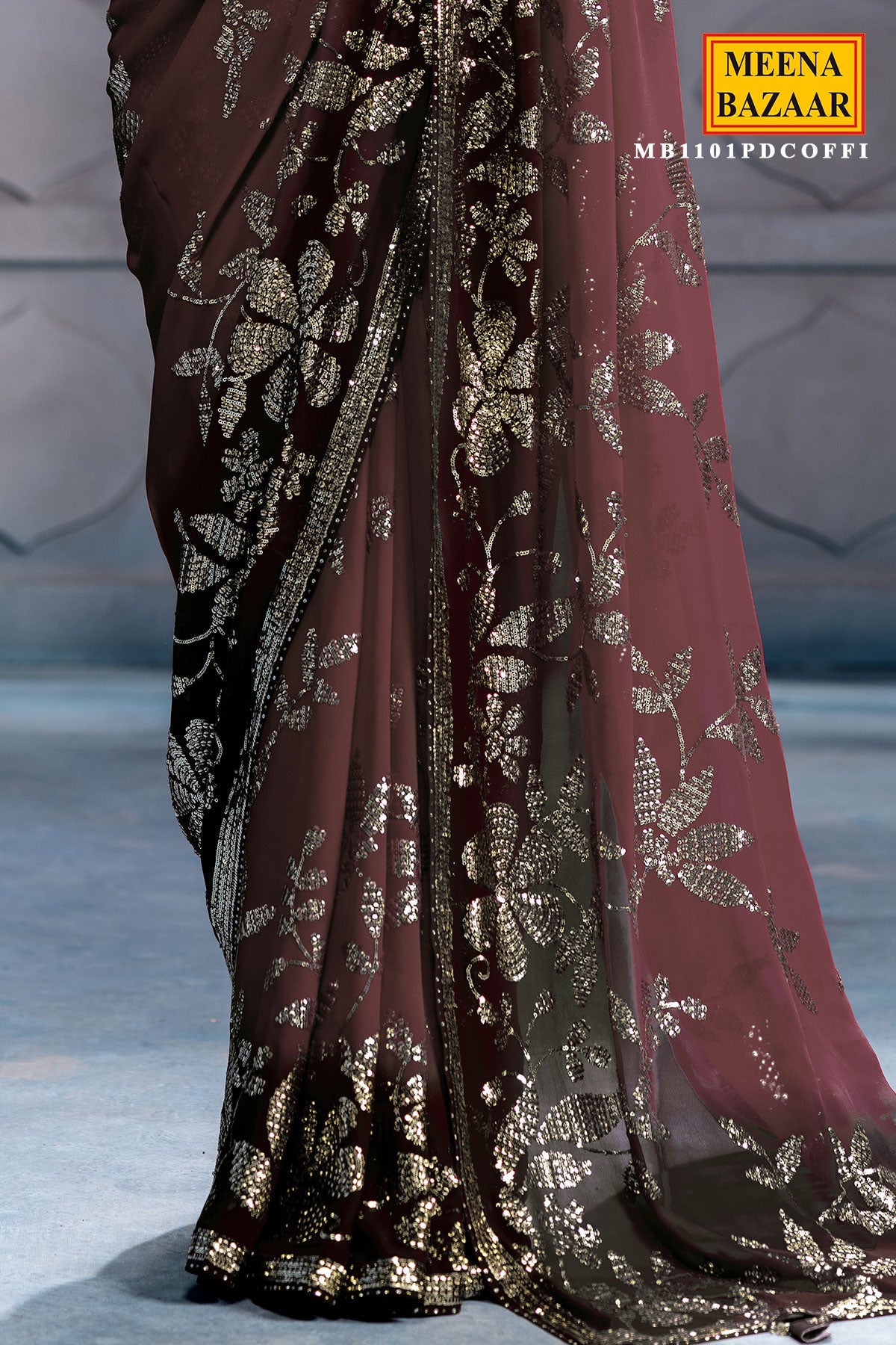 Coffee Georgette Sequins Designer Saree Party & Wedding Wear
