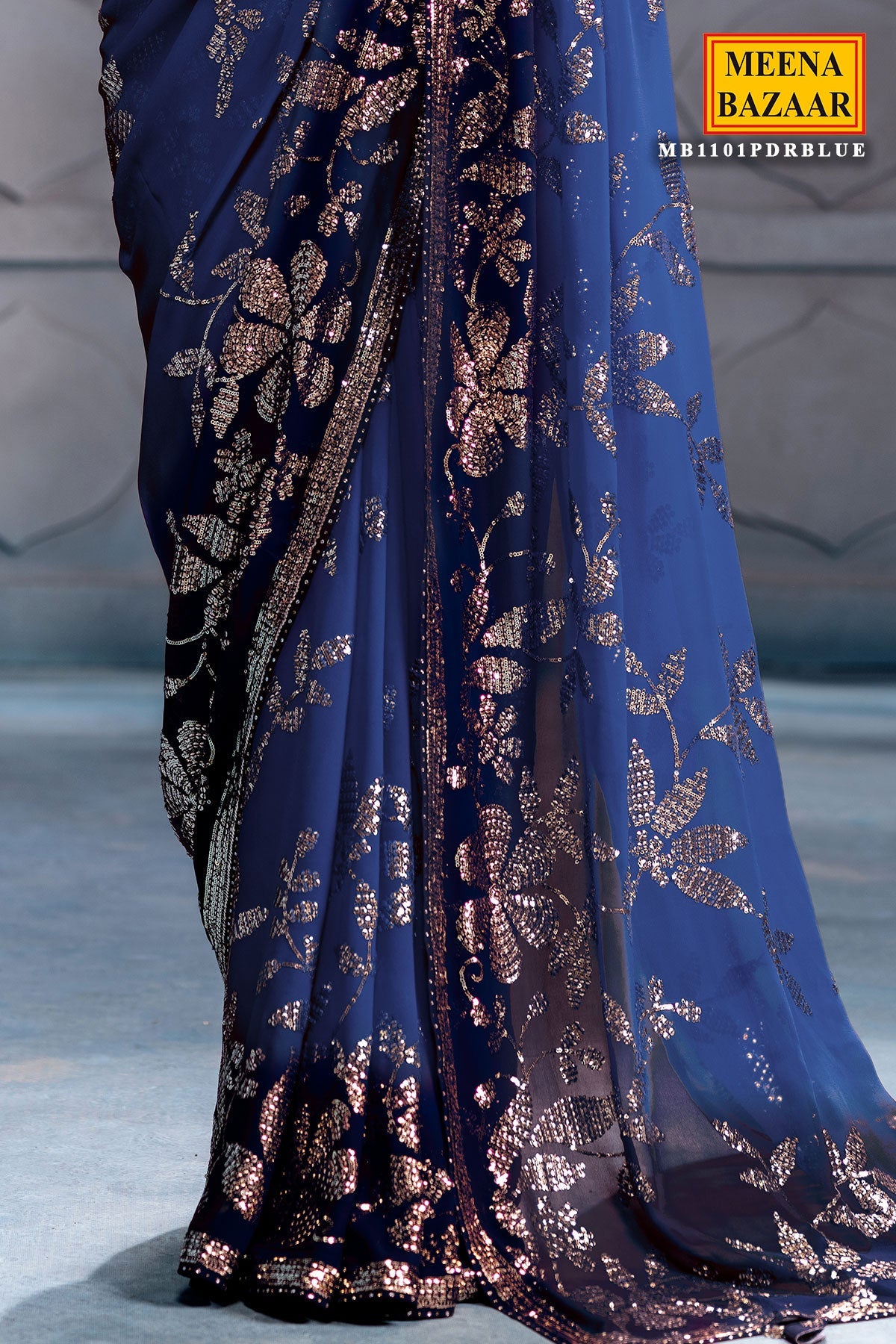 Blue Georgette Sequins Designer Saree Party & Wedding Wear