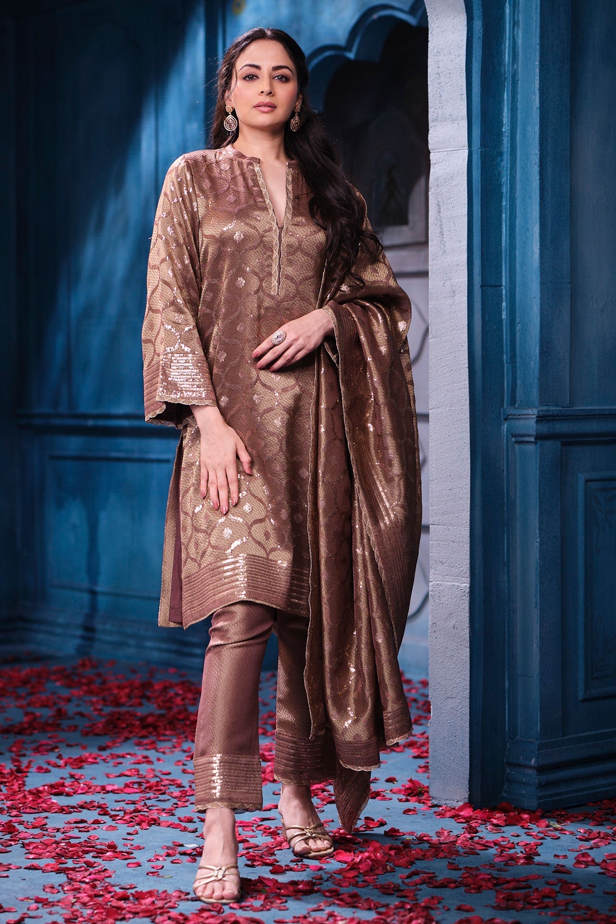 Copper Kanjivaram Tissue Suit Set with Matching Dupatta Festive Wear