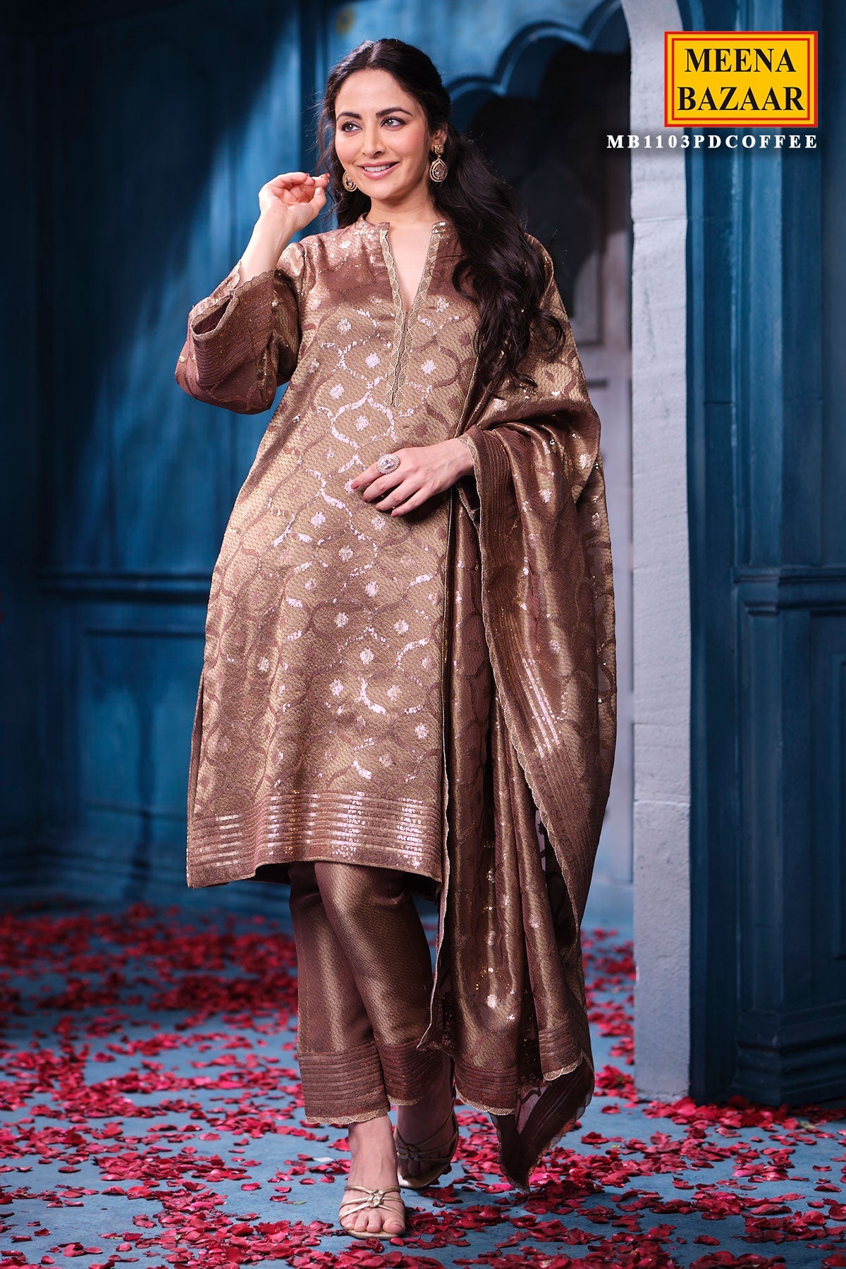 Copper Kanjivaram Tissue Suit Set with Matching Dupatta Festive Wear