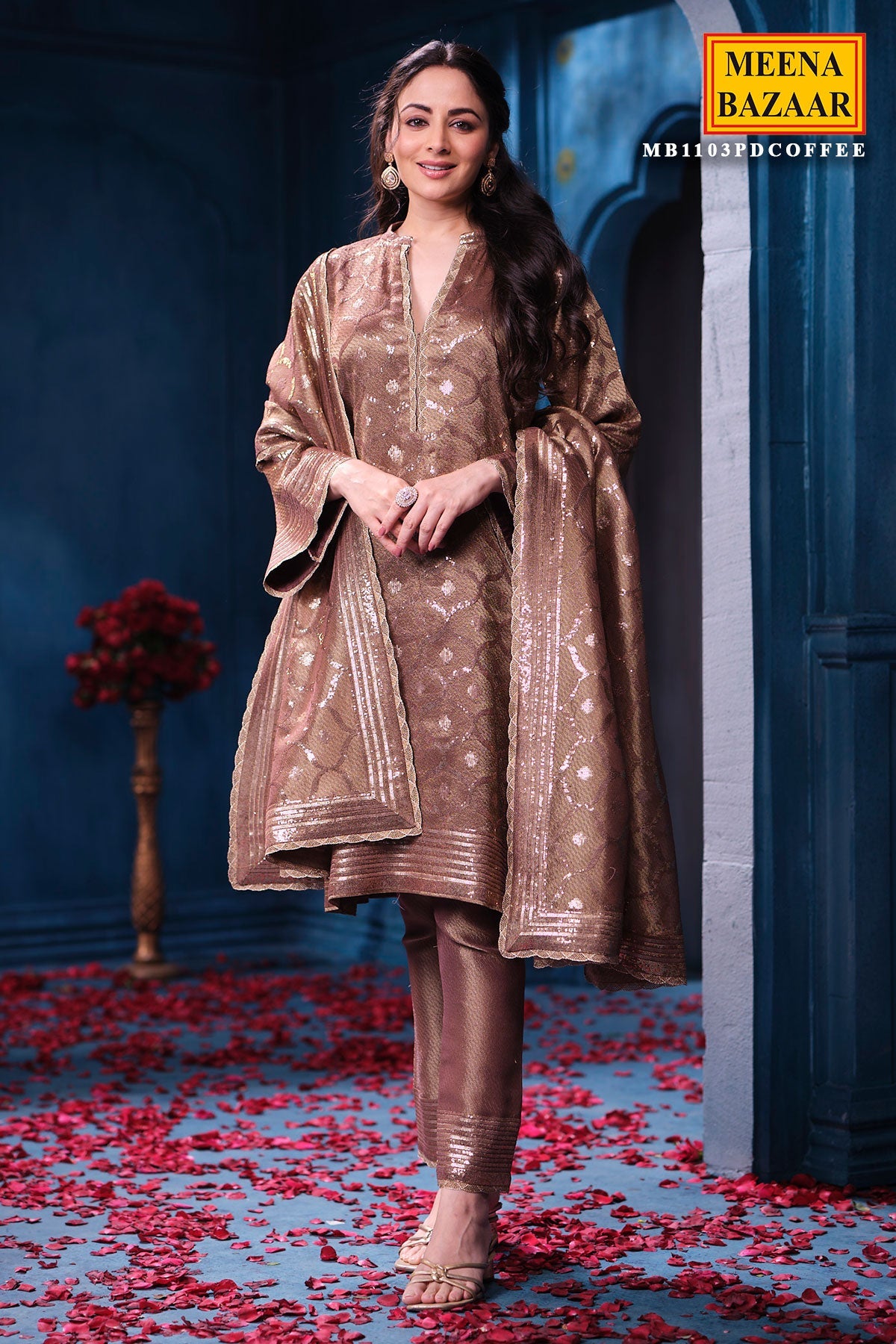 Copper Kanjivaram Tissue Suit Set with Matching Dupatta Festive Wear
