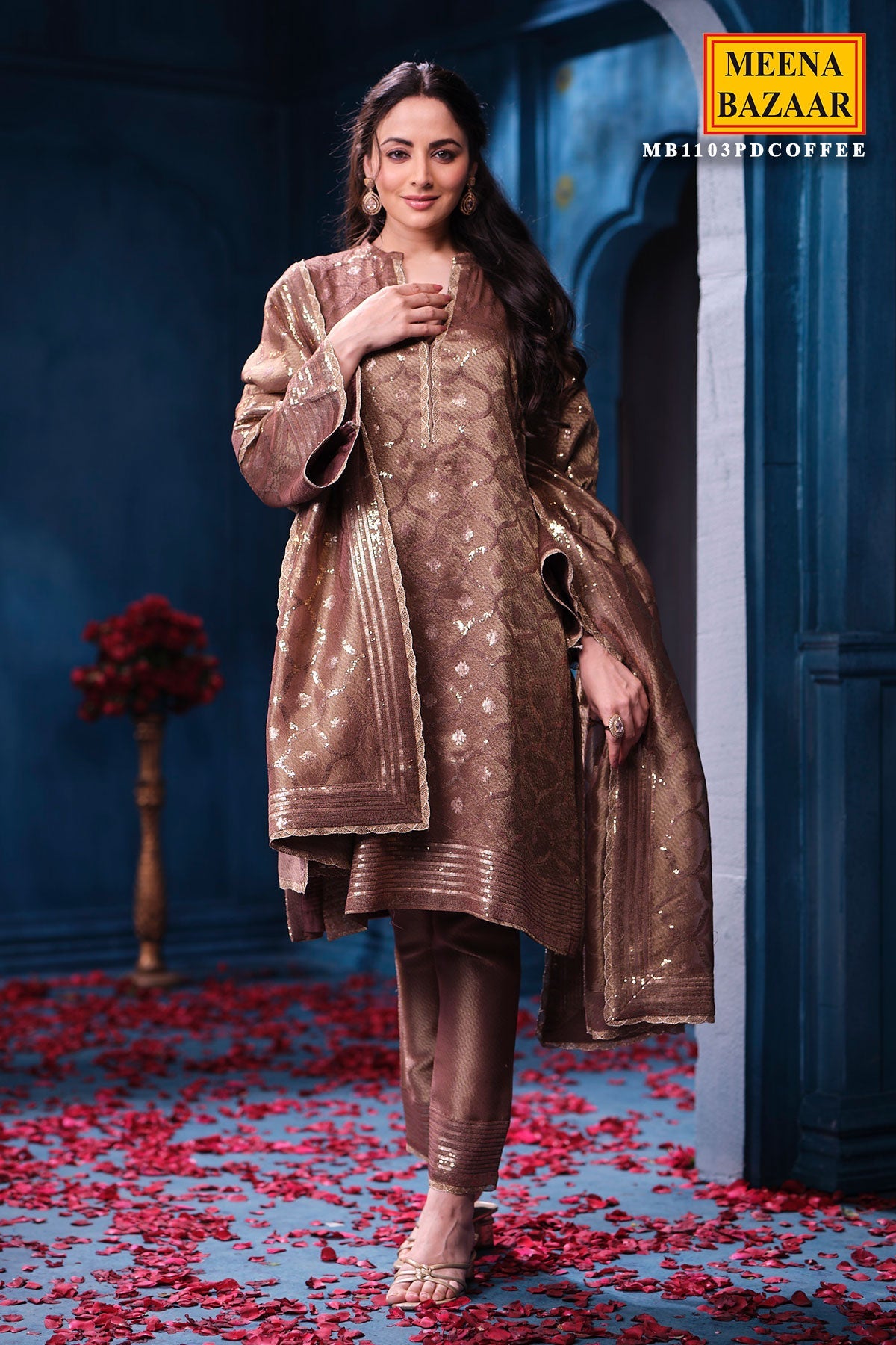 Copper Kanjivaram Tissue Suit Set with Matching Dupatta Festive Wear