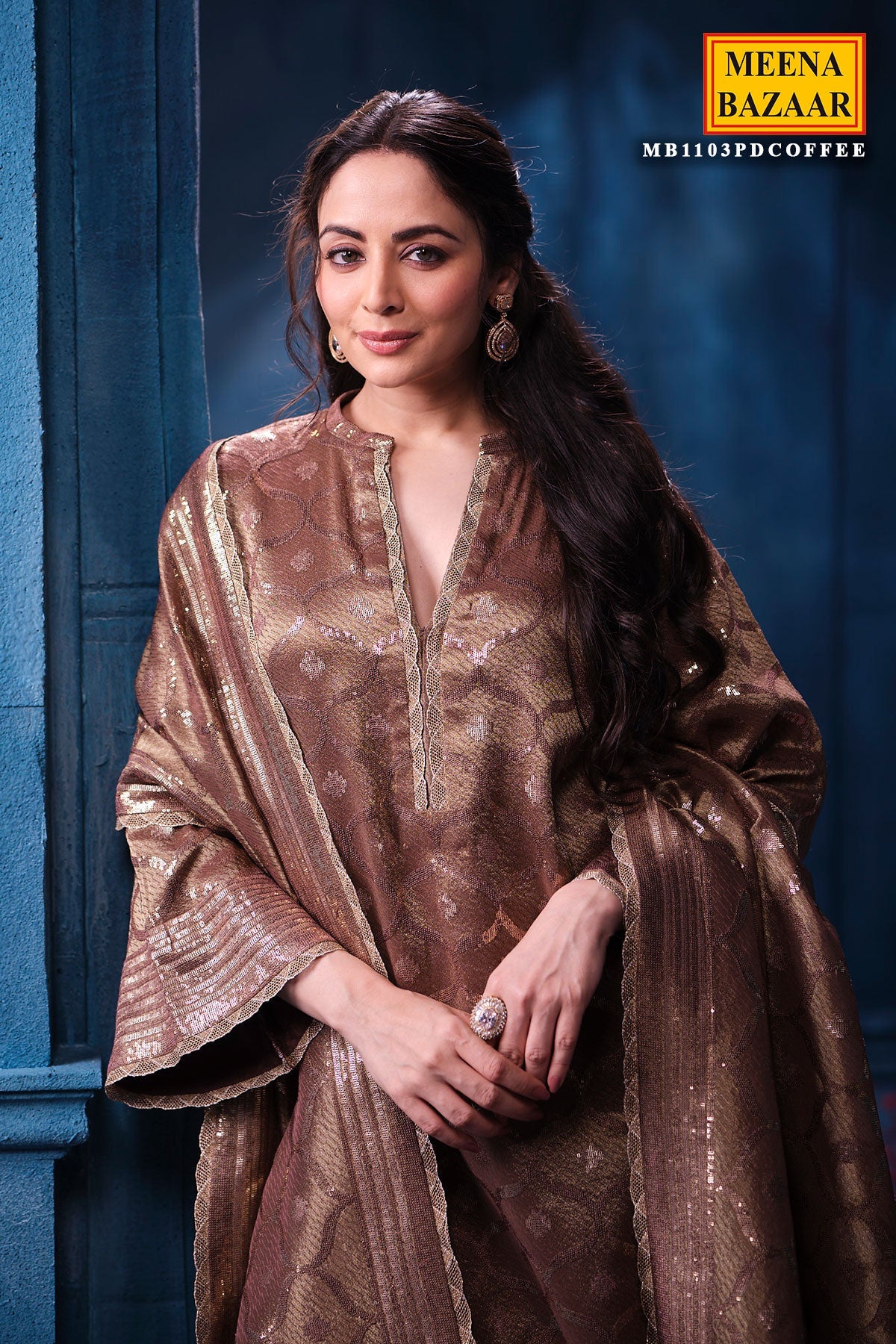 Copper Kanjivaram Tissue Suit Set with Matching Dupatta Festive Wear