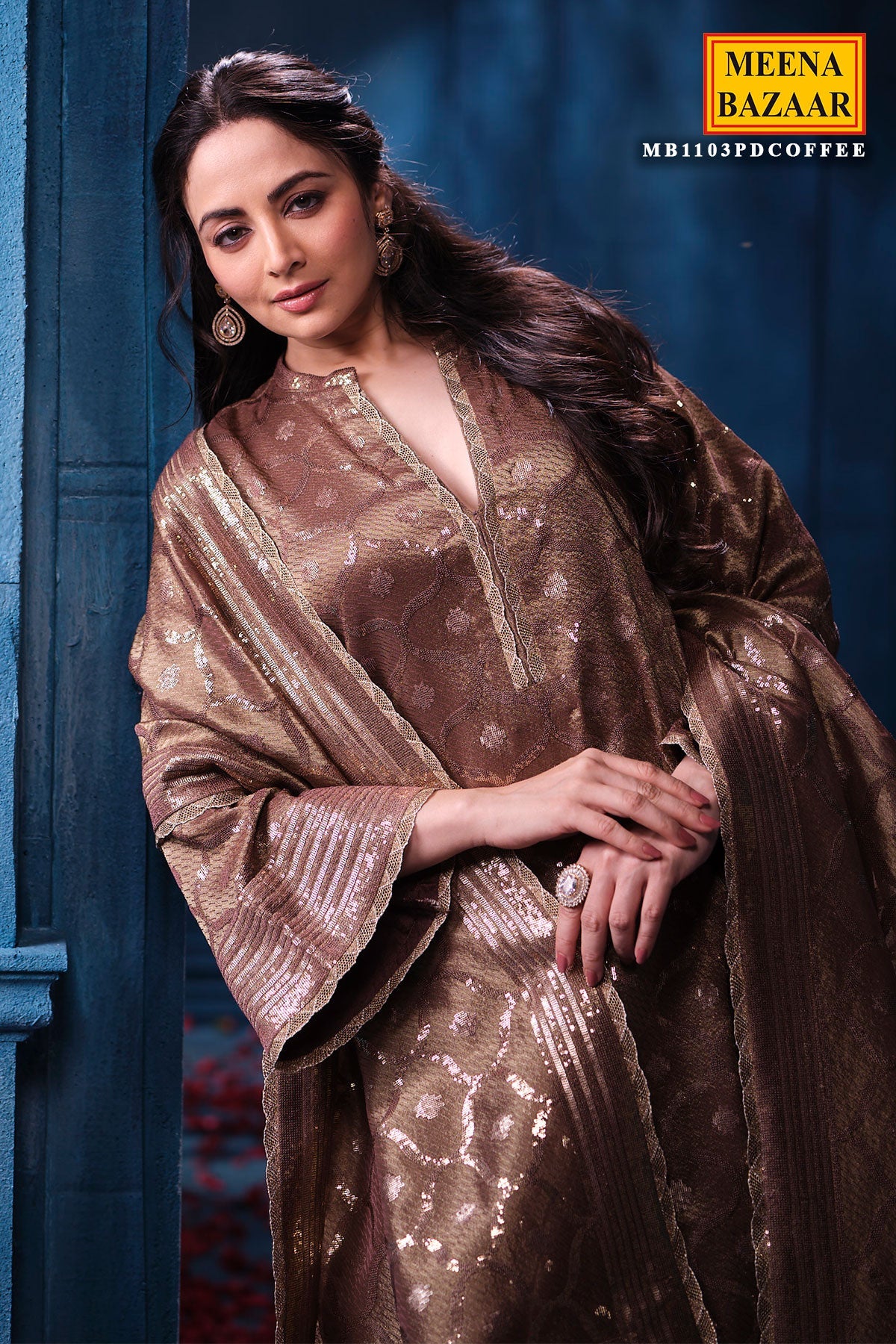 Copper Kanjivaram Tissue Suit Set with Matching Dupatta Festive Wear