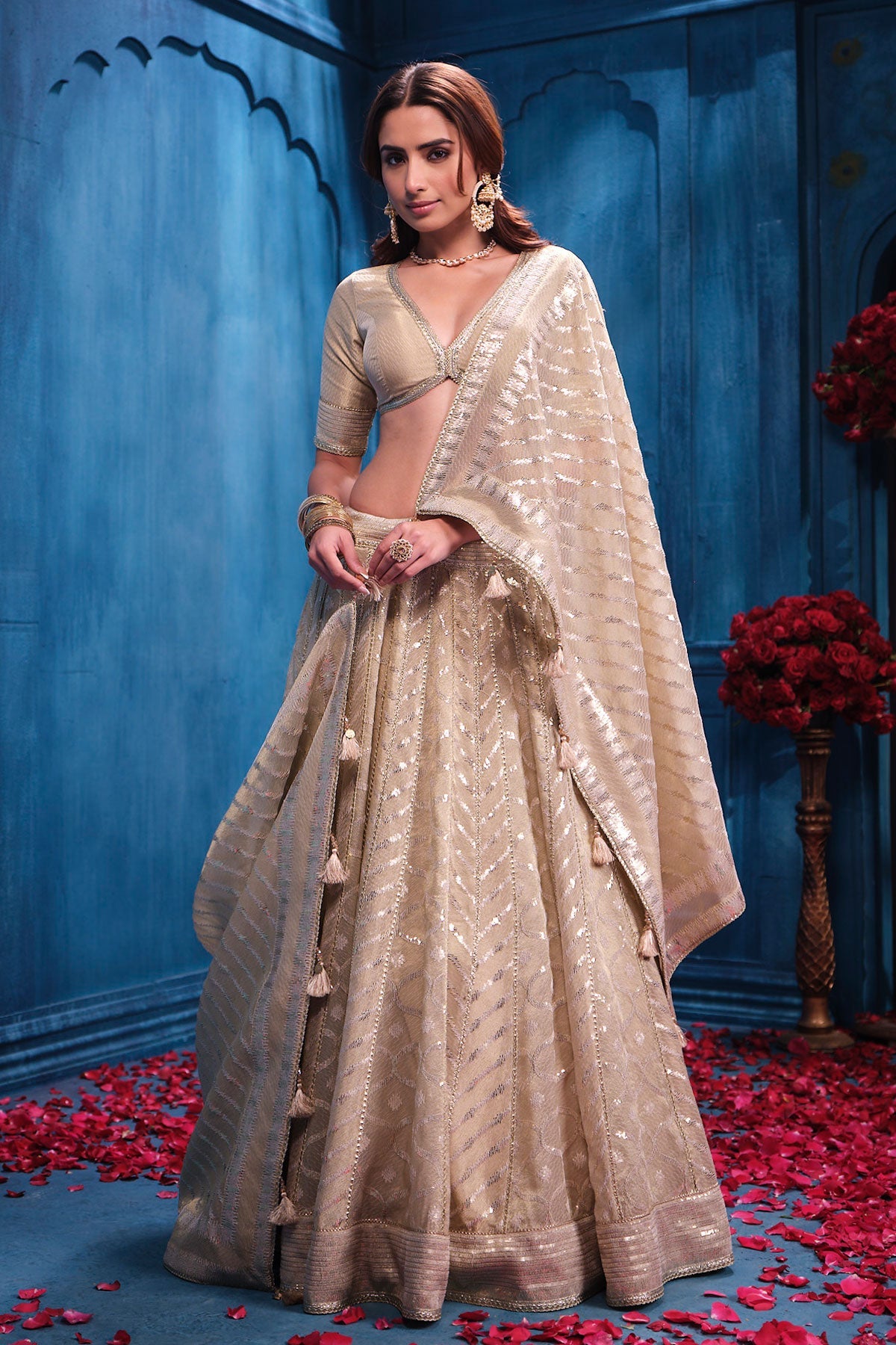 Antique Gold Tissue Lehenga Elegant Festive & Wedding Wear