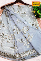 Grey Floral Sequin Embroidered Georgette Saree