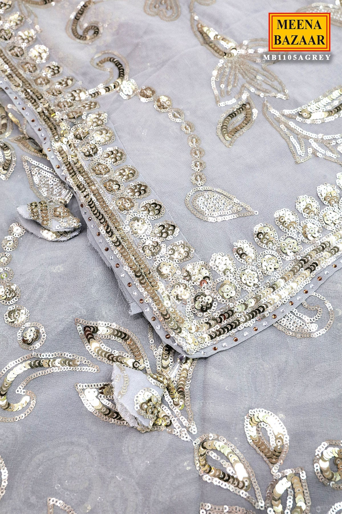 Grey Floral Sequin Embroidered Georgette Saree