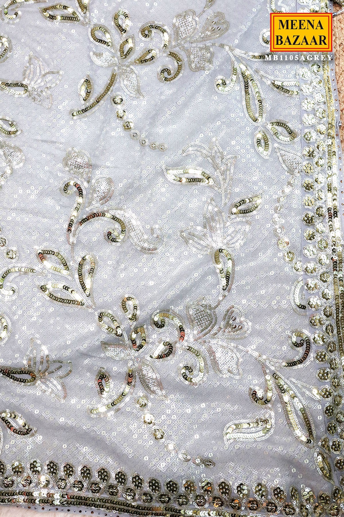 Grey Floral Sequin Embroidered Georgette Saree