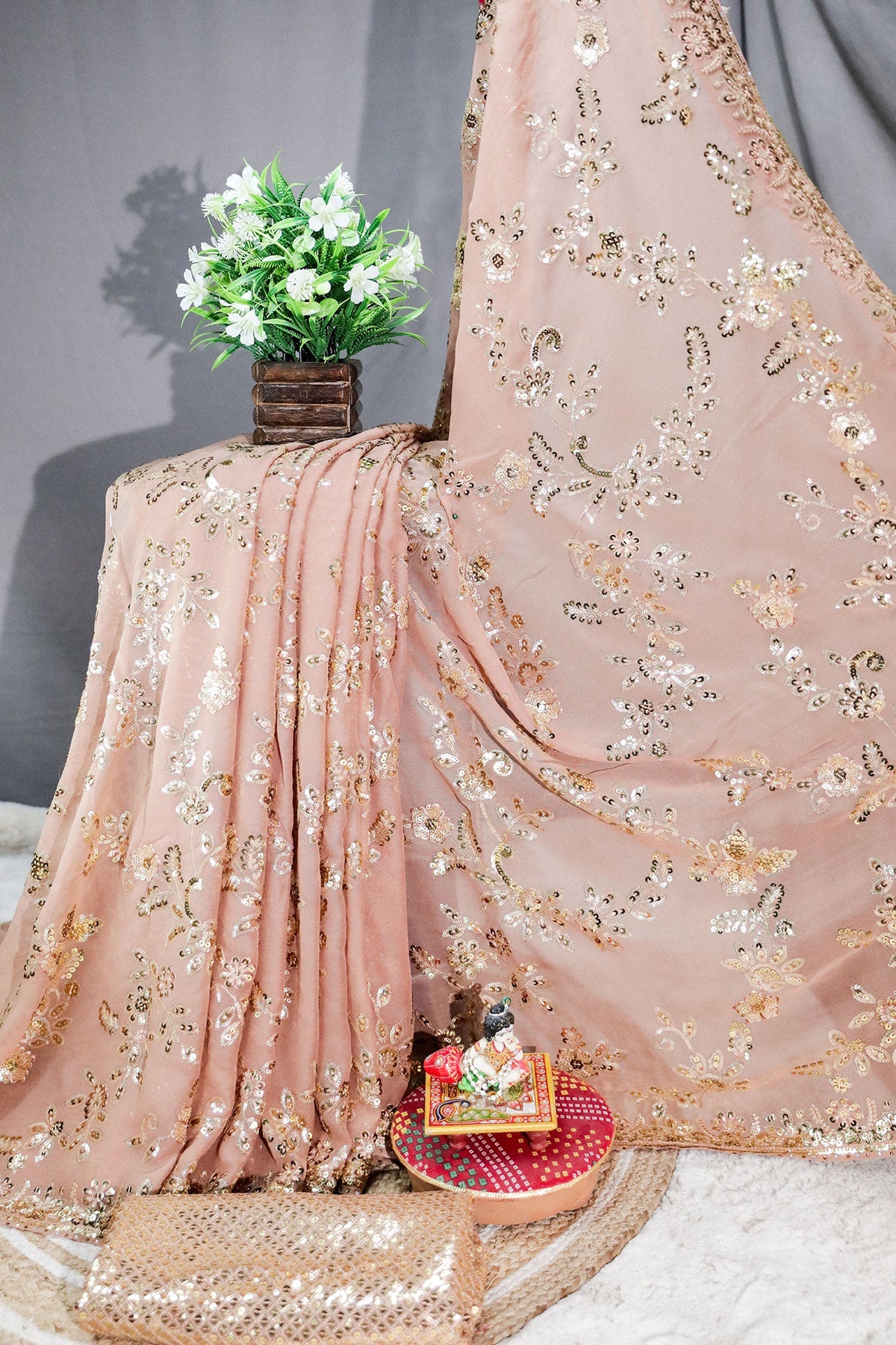 Brushed Copper Brown Floral Sequin Embroidered Georgette Saree