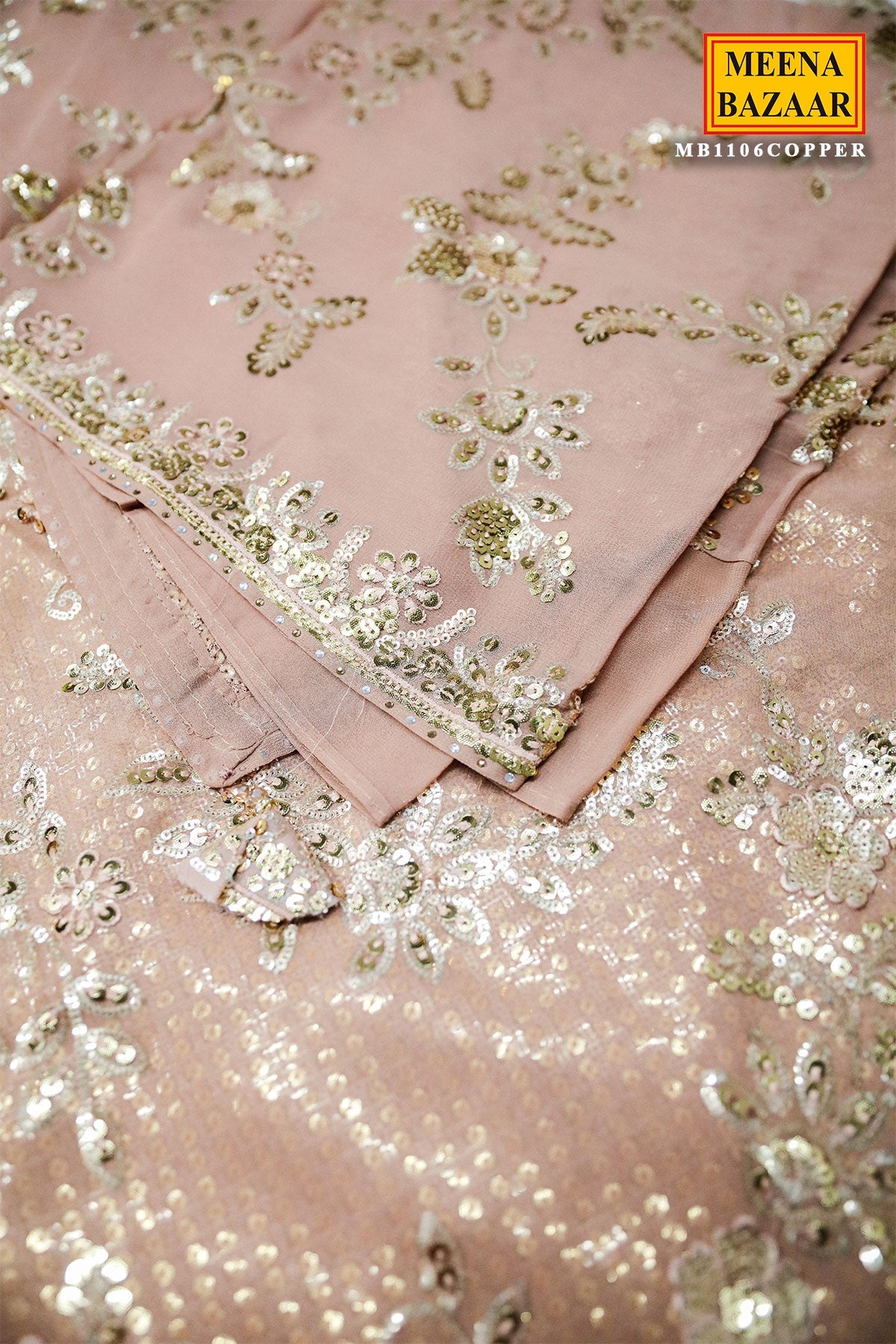 Brushed Copper Brown Floral Sequin Embroidered Georgette Saree