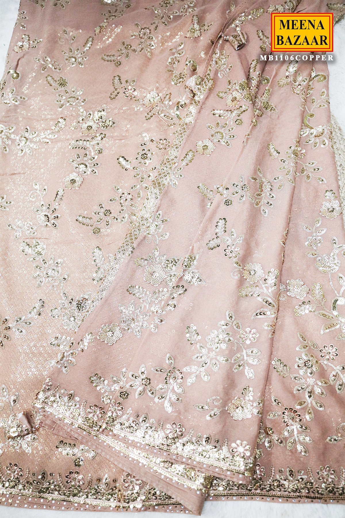 Brushed Copper Brown Floral Sequin Embroidered Georgette Saree