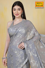 Grey Floral Sequin Embroidered Georgette Saree