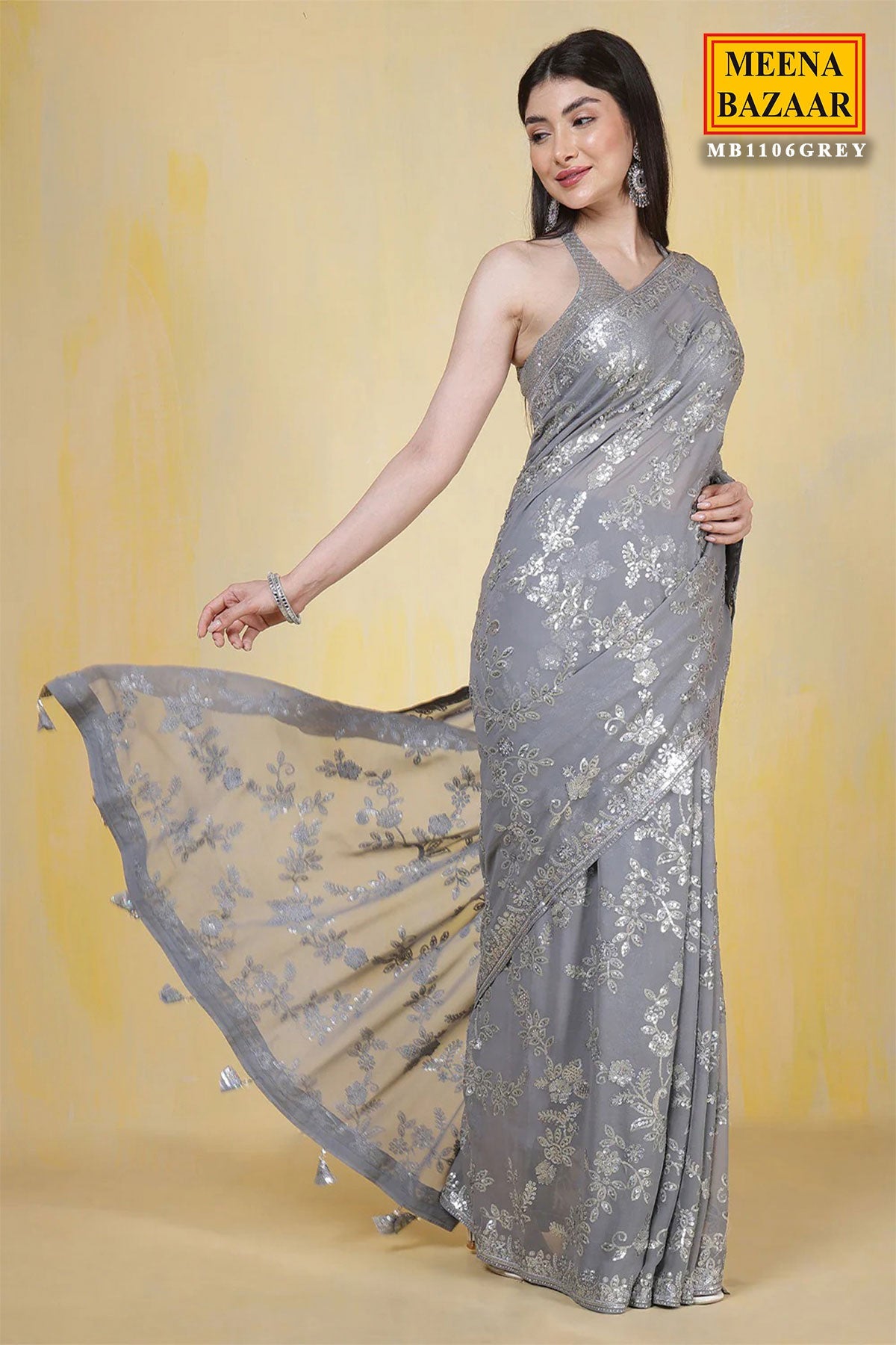 Grey Floral Sequin Embroidered Georgette Saree