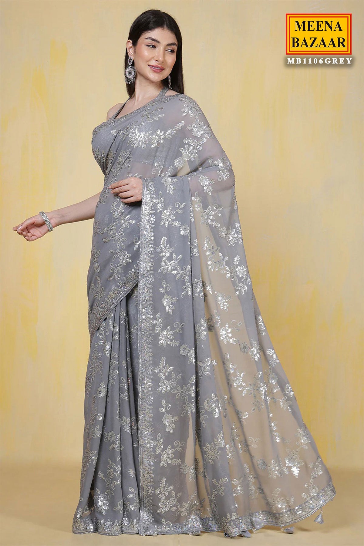Grey Floral Sequin Embroidered Georgette Saree