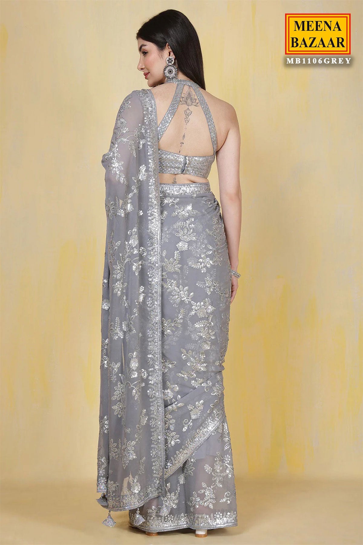 Grey Floral Sequin Embroidered Georgette Saree