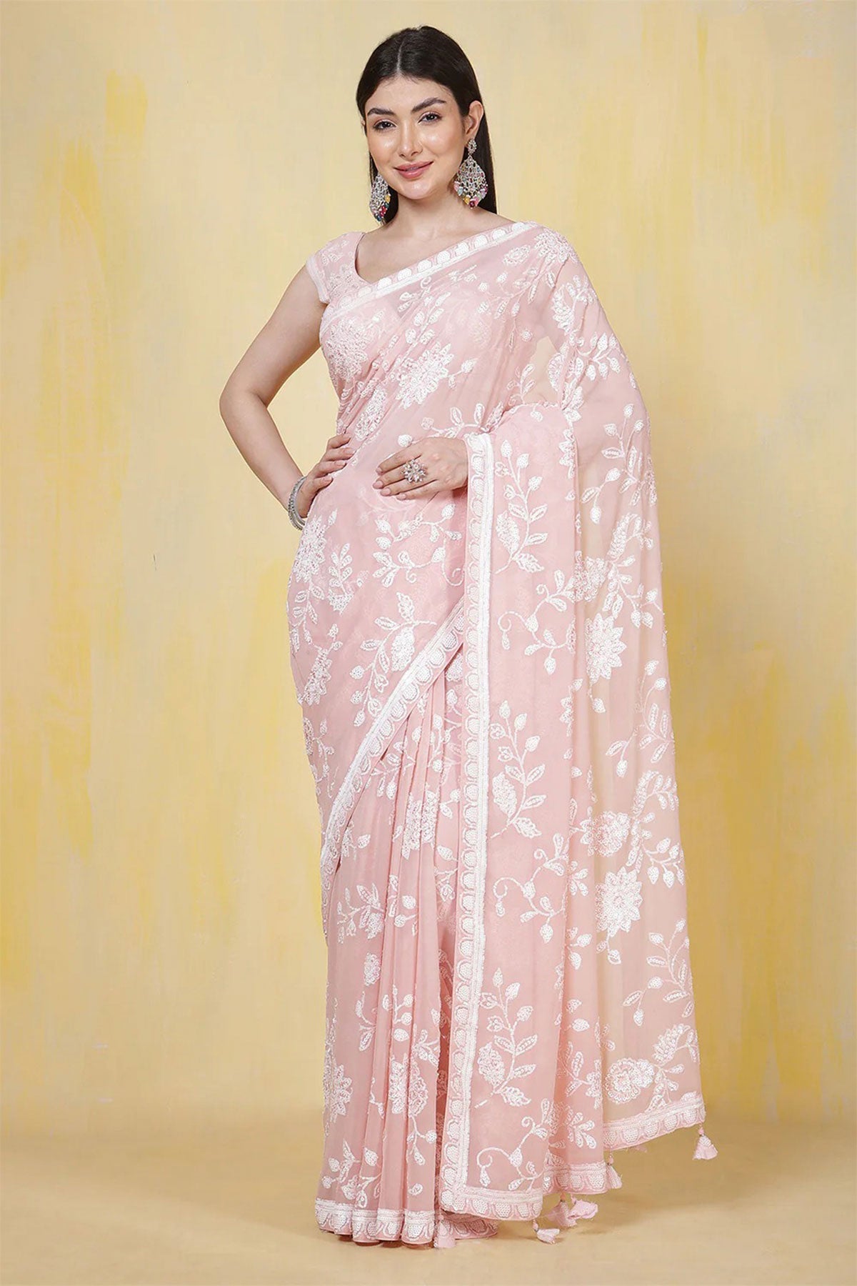 Light Pink Thread and Sequin Embroidered Georgette Saree
