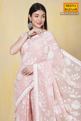 Light Pink Thread and Sequin Embroidered Georgette Saree