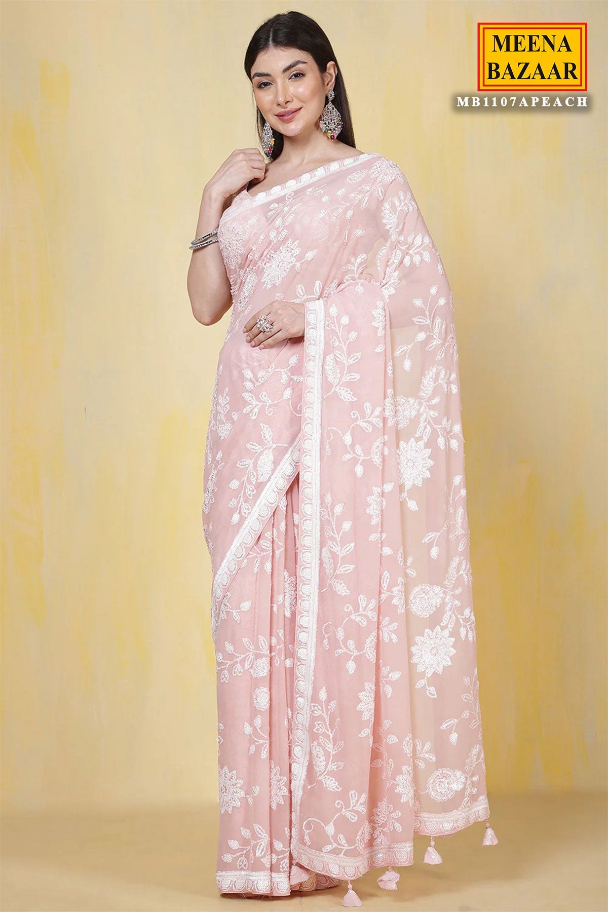Light Pink Thread and Sequin Embroidered Georgette Saree