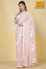 Light Pink Thread and Sequin Embroidered Georgette Saree