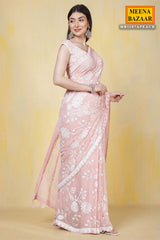 Light Pink Thread and Sequin Embroidered Georgette Saree