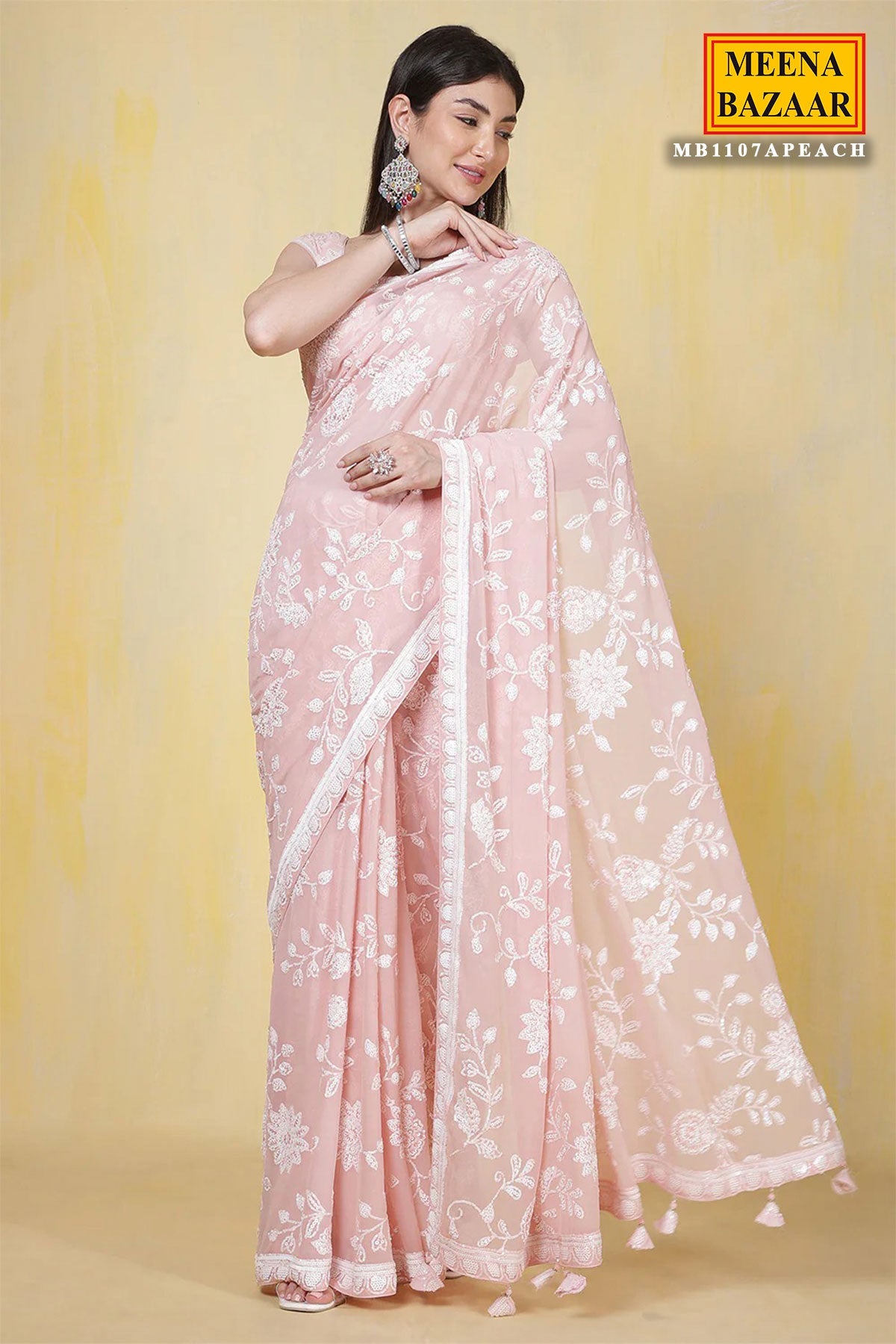 Light Pink Thread and Sequin Embroidered Georgette Saree