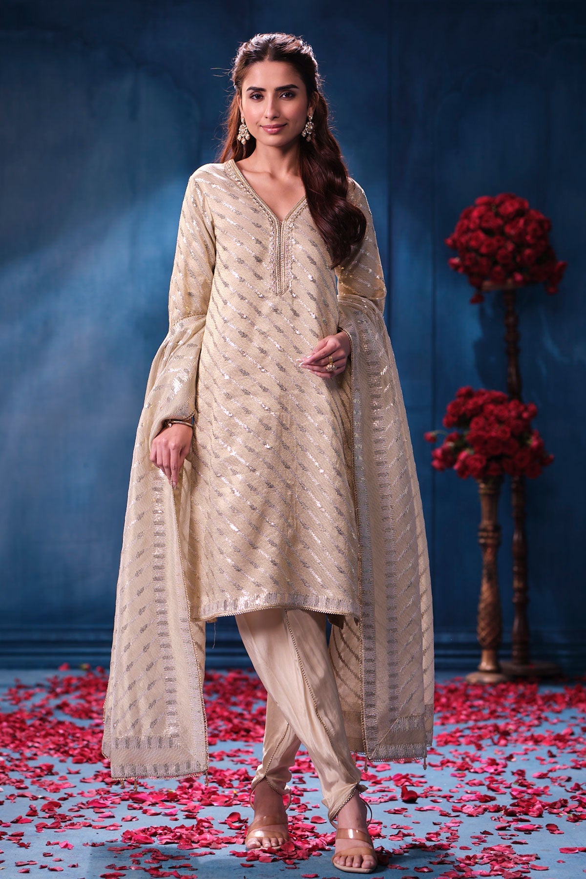 Antique Gold Kanjivaram Tissue Shirt Set with Crepe Bottom & Dupatta Suit