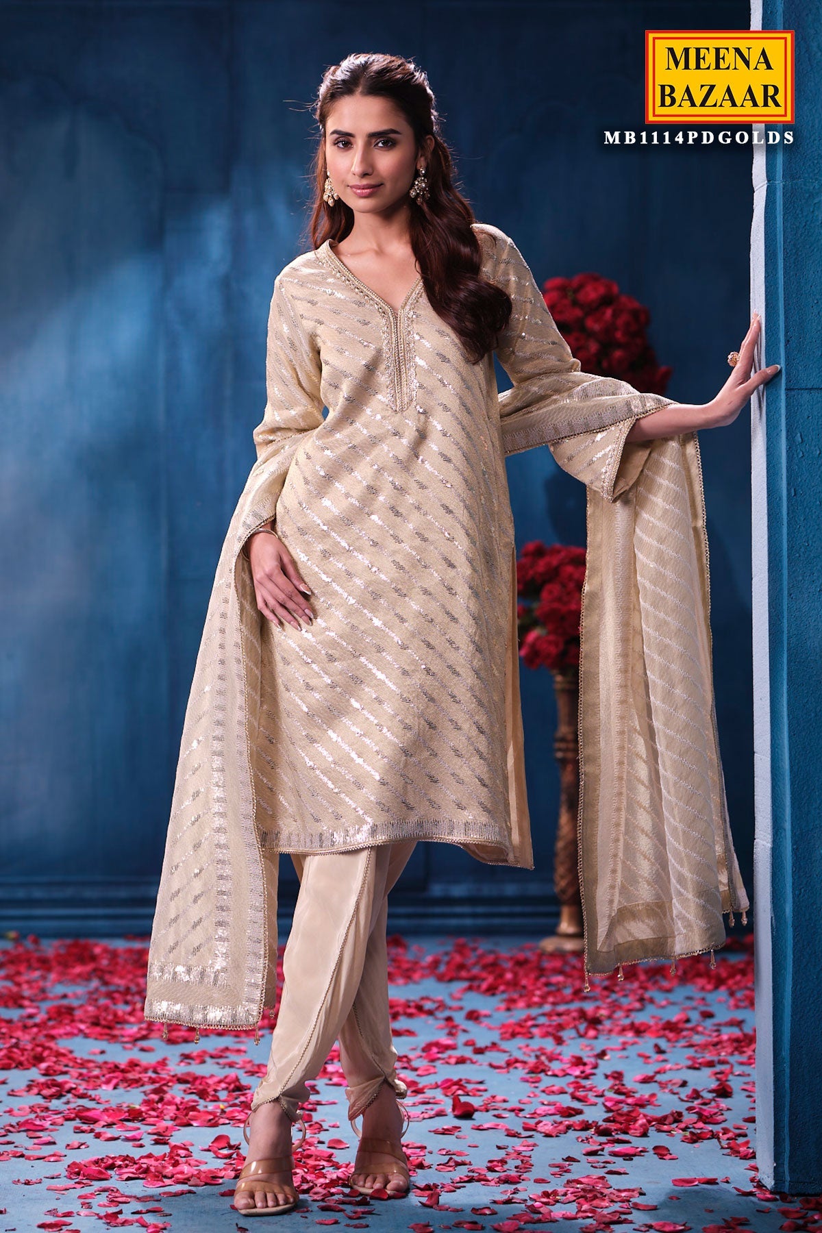 Antique Gold Kanjivaram Tissue Shirt Set with Crepe Bottom & Dupatta Suit