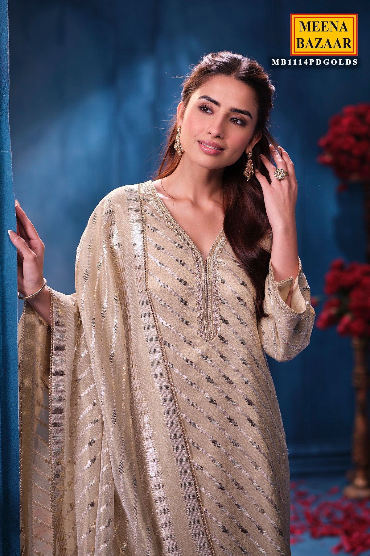 Antique Gold Kanjivaram Tissue Shirt Set with Crepe Bottom & Dupatta Suit