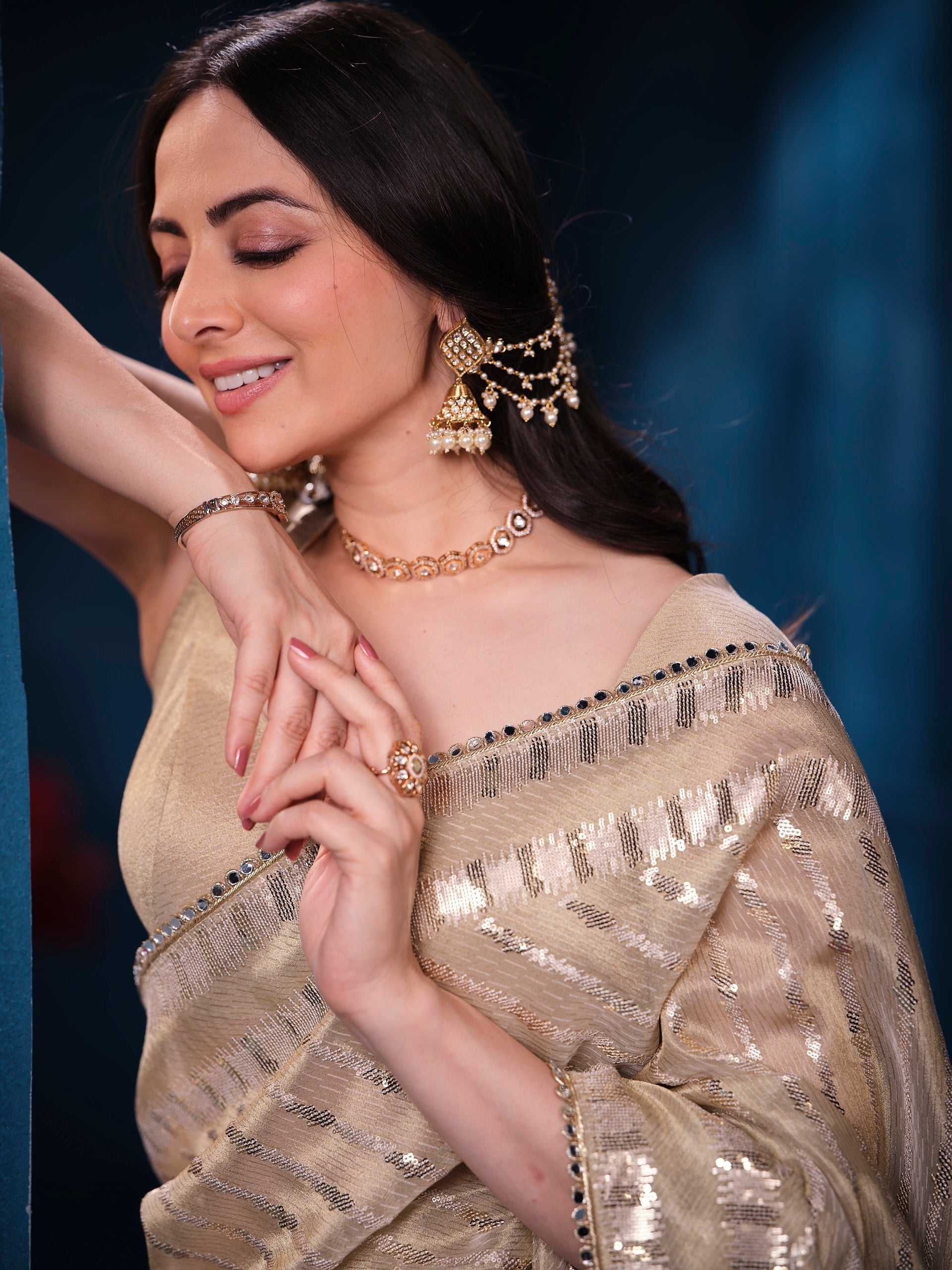 Antique Gold Sequins Designer Saree Luxury Wedding & Festive Wear