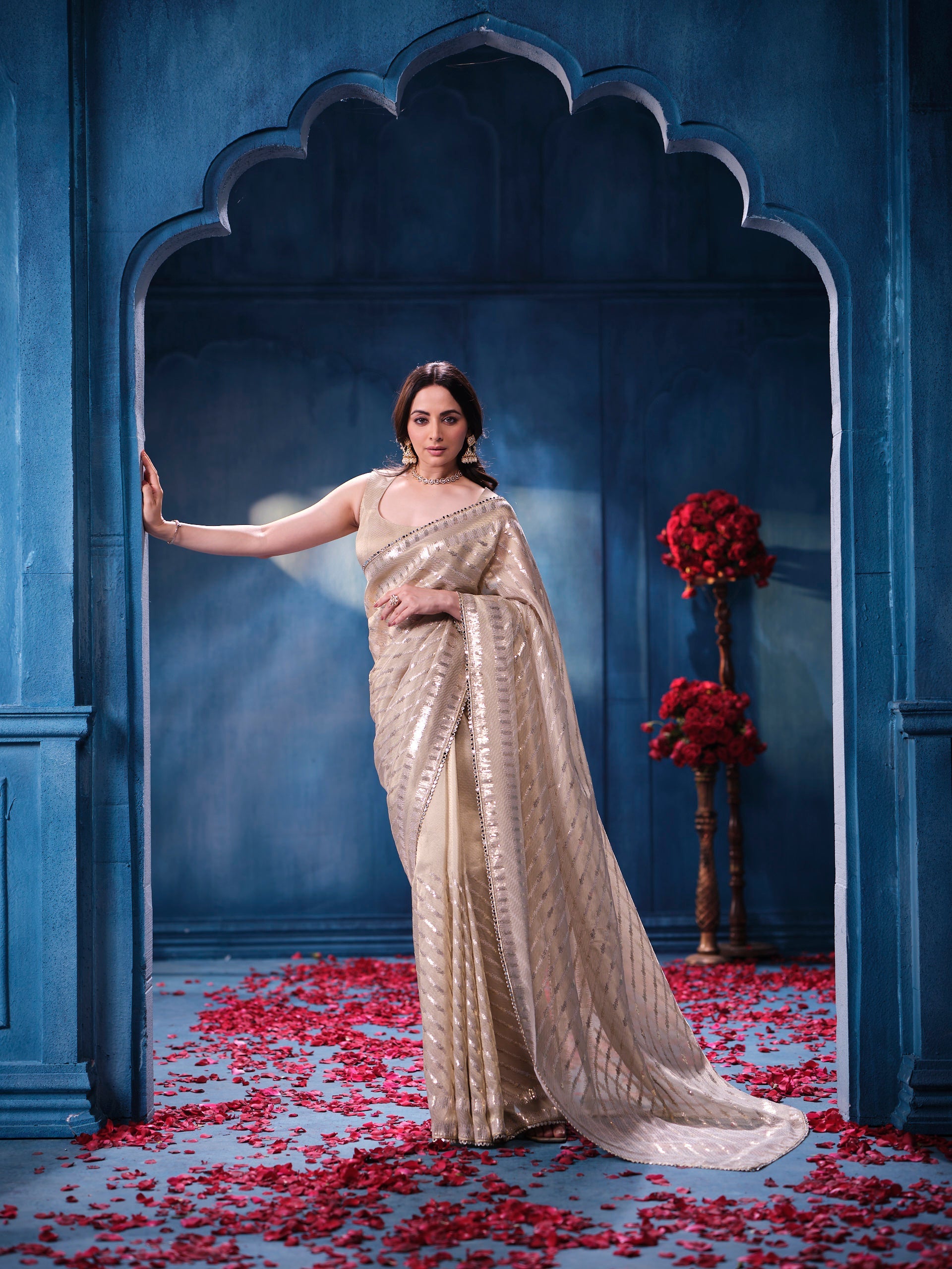 Antique Gold Sequins Designer Saree Luxury Wedding & Festive Wear