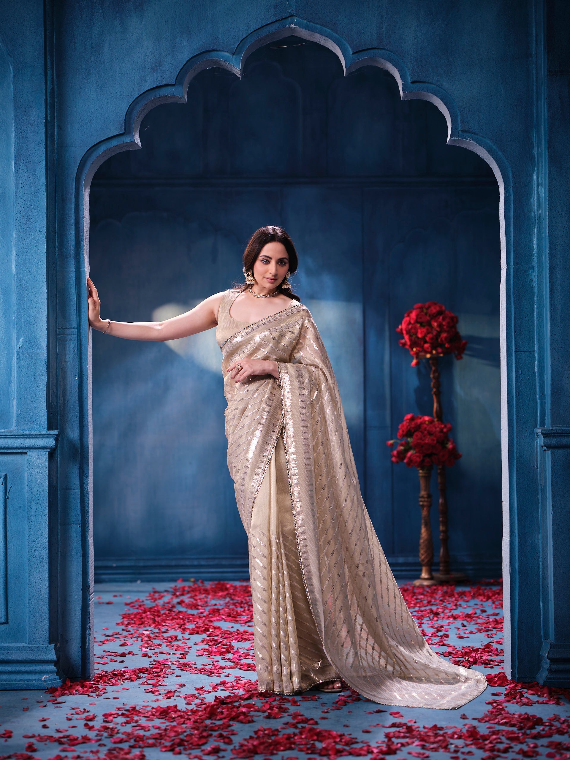 Antique Gold Sequins Designer Saree Luxury Wedding & Festive Wear