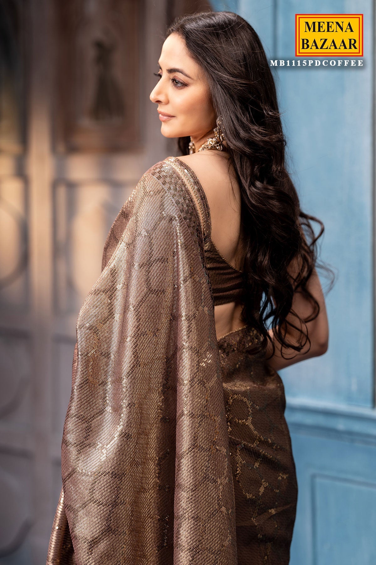 Dusty Brown Sequins Designer Saree Luxury Wedding & Festive Wear