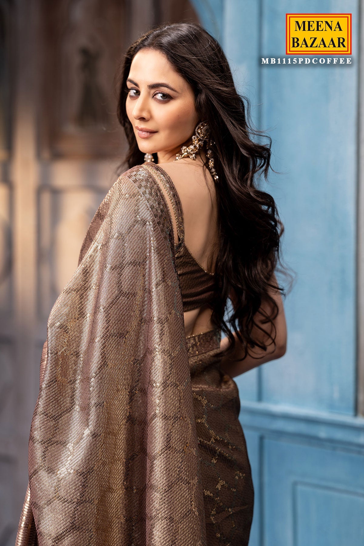 Dusty Brown Sequins Designer Saree Luxury Wedding & Festive Wear