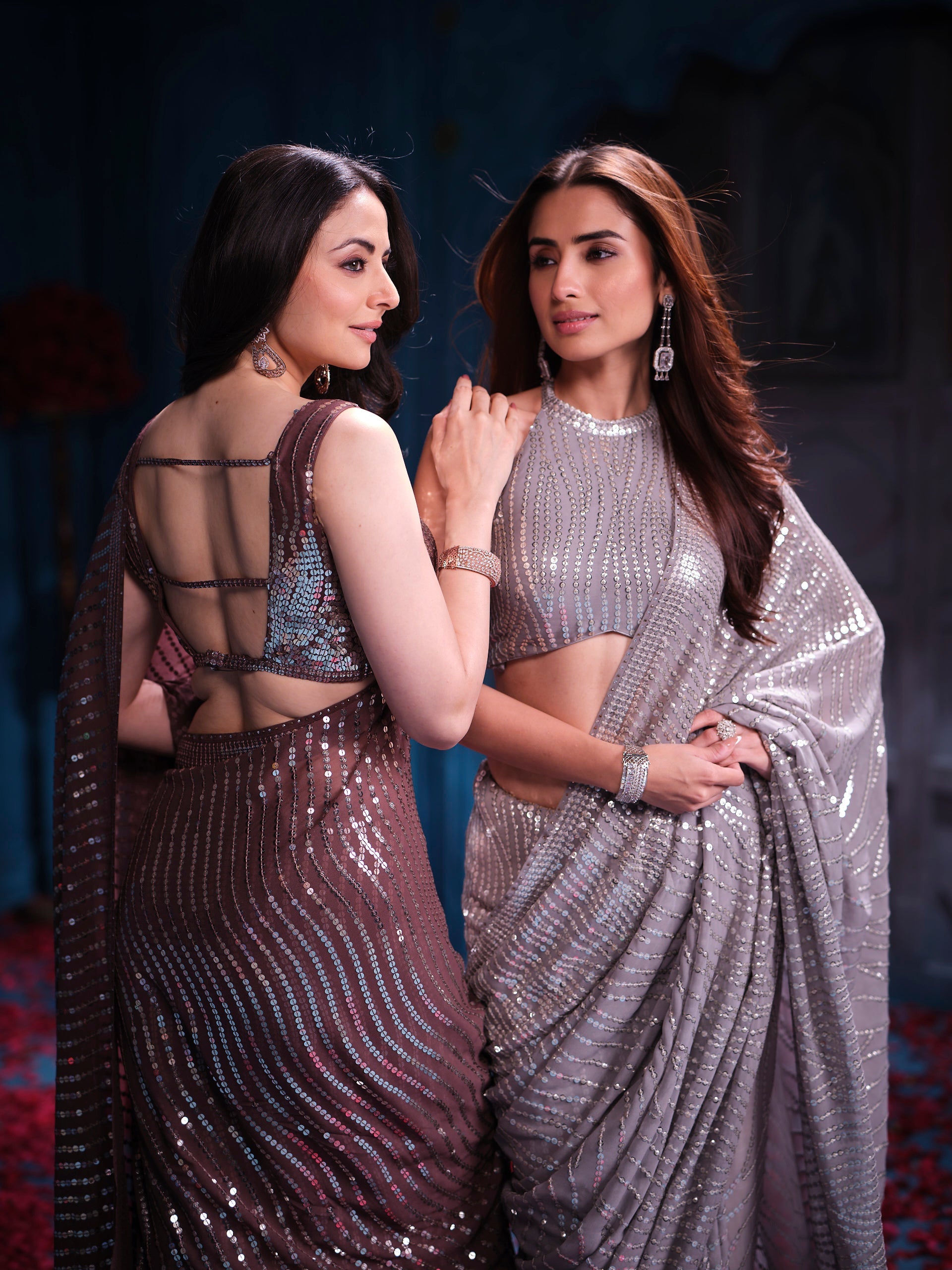 Brown Georgette Sequins Designer Saree Party & Wedding Wear