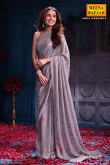 Grey Georgette Sequins Designer Saree Party & Wedding Wear