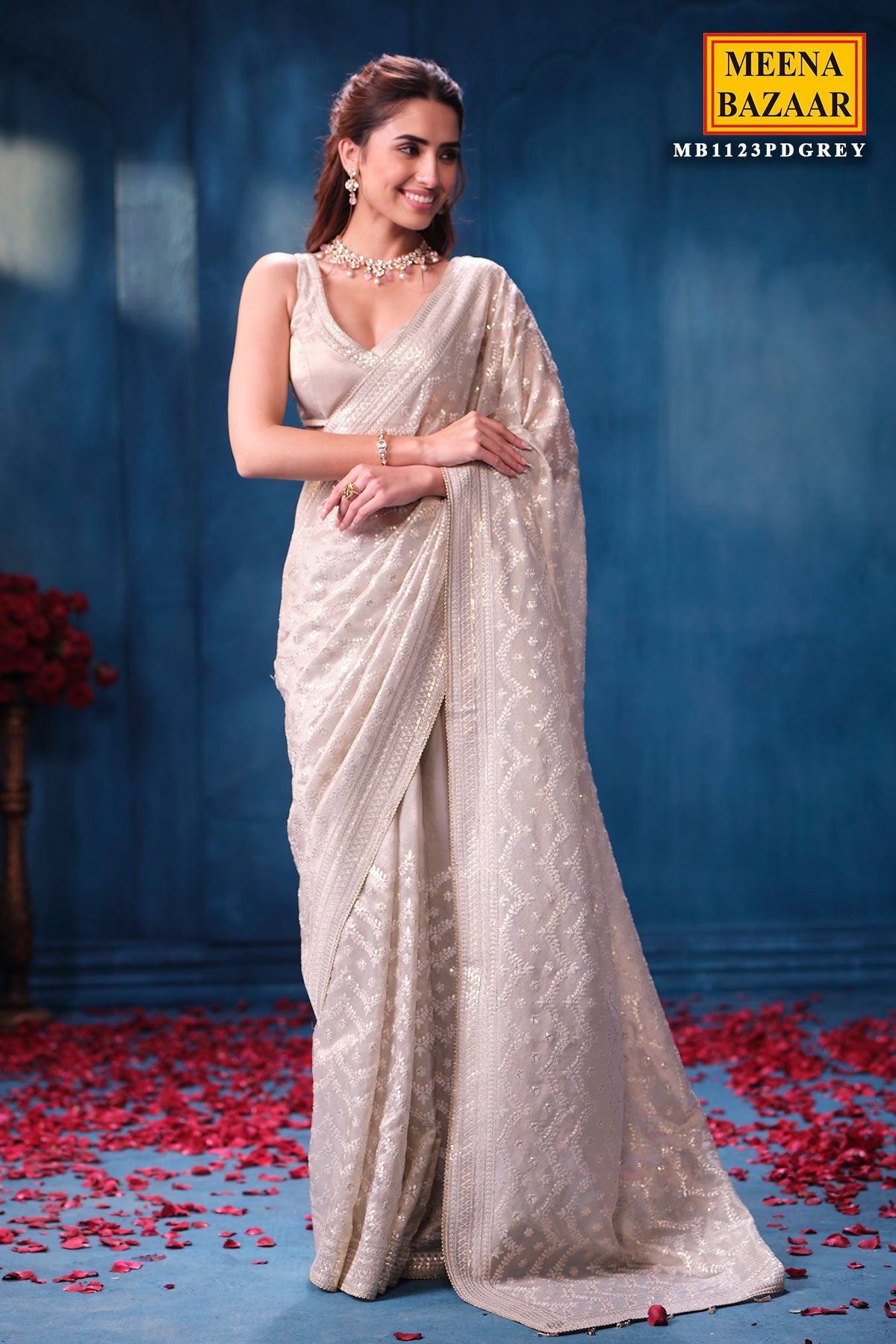 Elegant Silver Tissue Saree with Intricate Embroidery Work